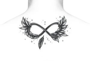 infinity symbol woven with floating feathers and stardust tattoo idea