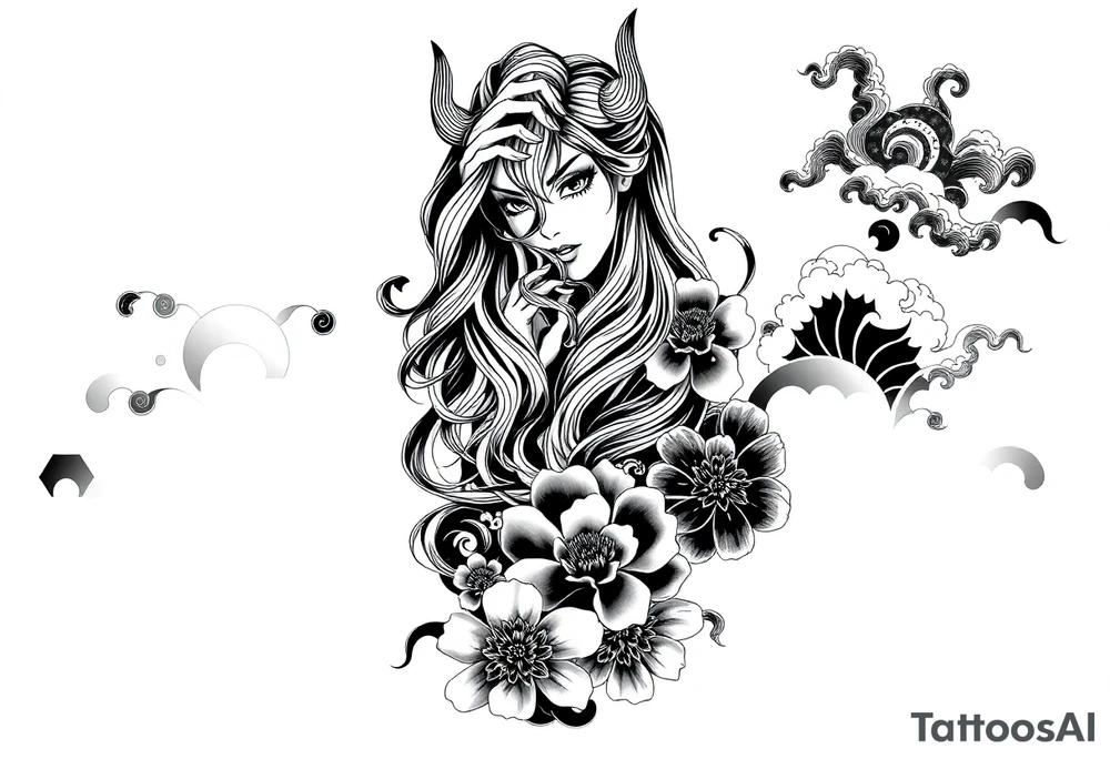 Prompt:

Full sleeve Japanese-inspired tattoo design featuring a beautiful female oni (demon woman) with an elegant, mysterious expression, one hand partially covering her face, long flowing hair integrated into swirling wind and wave patterns, large detailed chrysanthemums and peonies woven through the composition, dynamic negative space with bold black fills and smooth gradients, traditional Japanese cloud and water motifs, high-contrast black and grey with soft shading and sharp linework, balanced composition wrapping around the arm, modern neo-Japanese illustrative style.

Style tags:
– High contrast black and grey
– Neo-Japanese tattoo
– Traditional Japanese motifs
– Sleeve layout design
– Chrysanthemums, peonies, wind bars, waves
– Female oni portrait tattoo idea