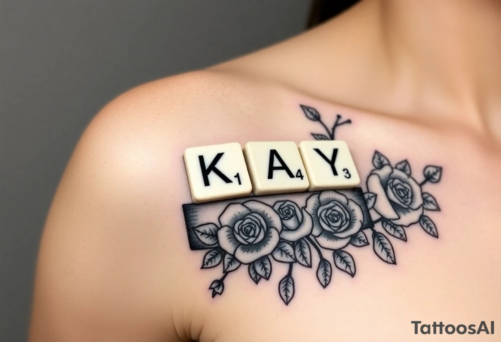 Tattoo on left shoulder
Predominant focal point: Scrabble letters spelling “KAY” resting on scrabble piece holder tray. The numbers in corner of each letter should not be actual scrabble values, instead they should be “1,4,3” or K=1, A=4, Y =3. To represent “I love you” 

This tattoo is to honor my grandmother in hospice

Surrounding the scrabble tile holder and pieces spelling KAY, her name, will be a rose bush tattoo. It should look realistic and fill all space between focal point scrabble tiles & the curves of my left shoulder muscle. I am pretty muscular, so I want the rose bush and stems to scent the definition of my shoulder muscles well. It should highlight my muscles and accentuate them more.

Tattoo in its entirety should cover the whole shoulder. And rose bush should show lots of vines/stems tattoo idea
