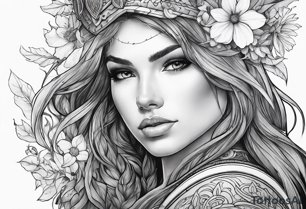 Warrior princess Valkarie and wildflowers half sleeve tattoo idea