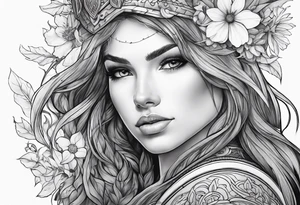 Warrior princess Valkarie and wildflowers half sleeve tattoo idea
