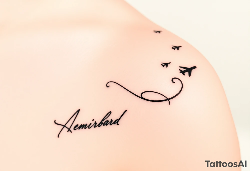Memorial tattoo using line drawing style in black with shading. The design should flow up from his signature on the bottom, shading into fingerprints and the melting into small planes flying away to the top right. This will go on the left shoulder. Tie the design together with scroll work that starts from the fingerprints and circles the signature. The scroll work should meld into the airplanes tattoo idea