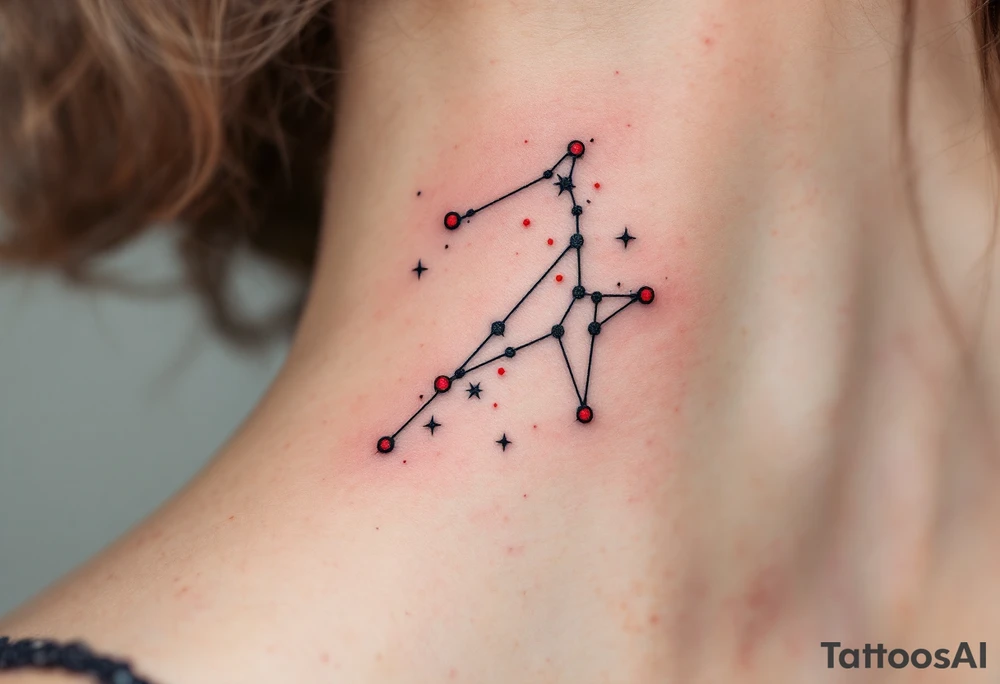 A geometric Capricorn constellation in crisp black ink with vibrant red dots marking each star. tattoo idea