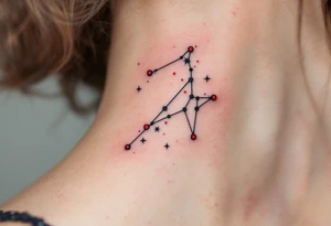 A geometric Capricorn constellation in crisp black ink with vibrant red dots marking each star. tattoo idea