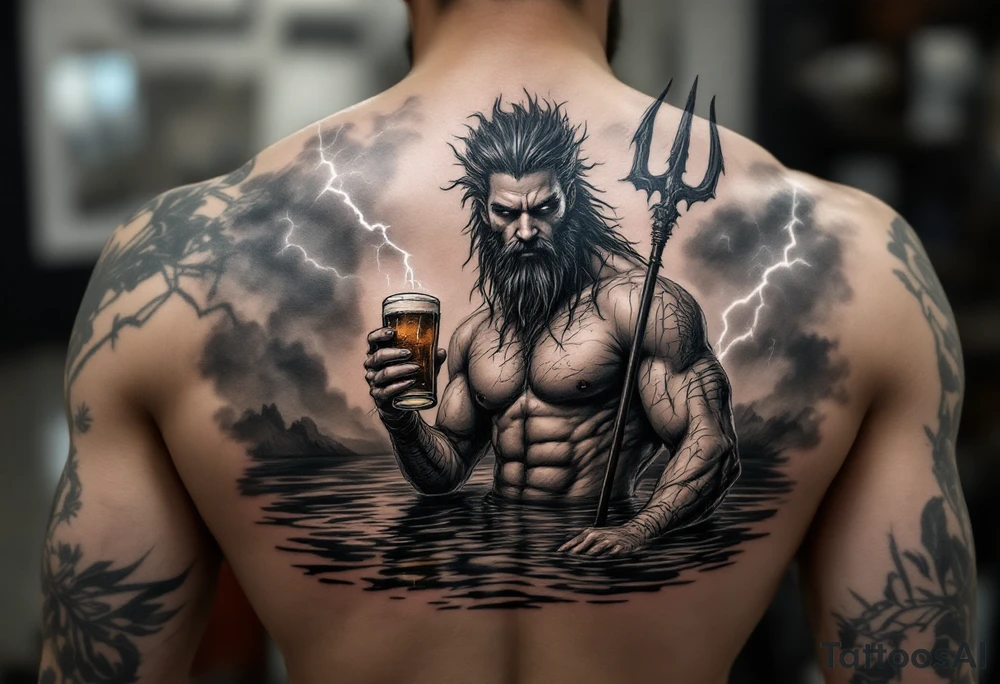 young, fit poseidon in calm water, holding a trident, holding a beer, with lightning tattoo idea