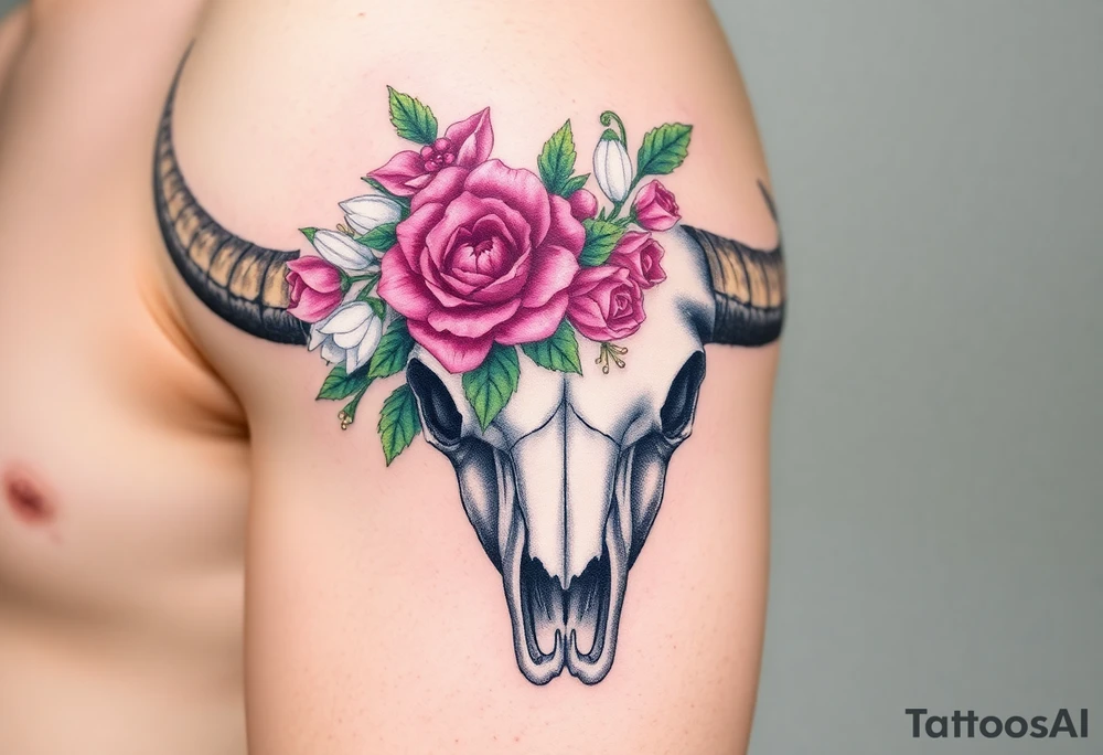 Buffalo or bison skull with flowers. Peony, snowdrop, holly with berries, larkspur, peony. Colour. For upper arm or shoulder. Masculin. tattoo idea