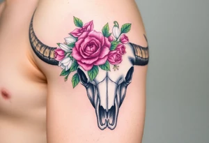 Buffalo or bison skull with flowers. Peony, snowdrop, holly with berries, larkspur, peony. Colour. For upper arm or shoulder. Masculin. tattoo idea