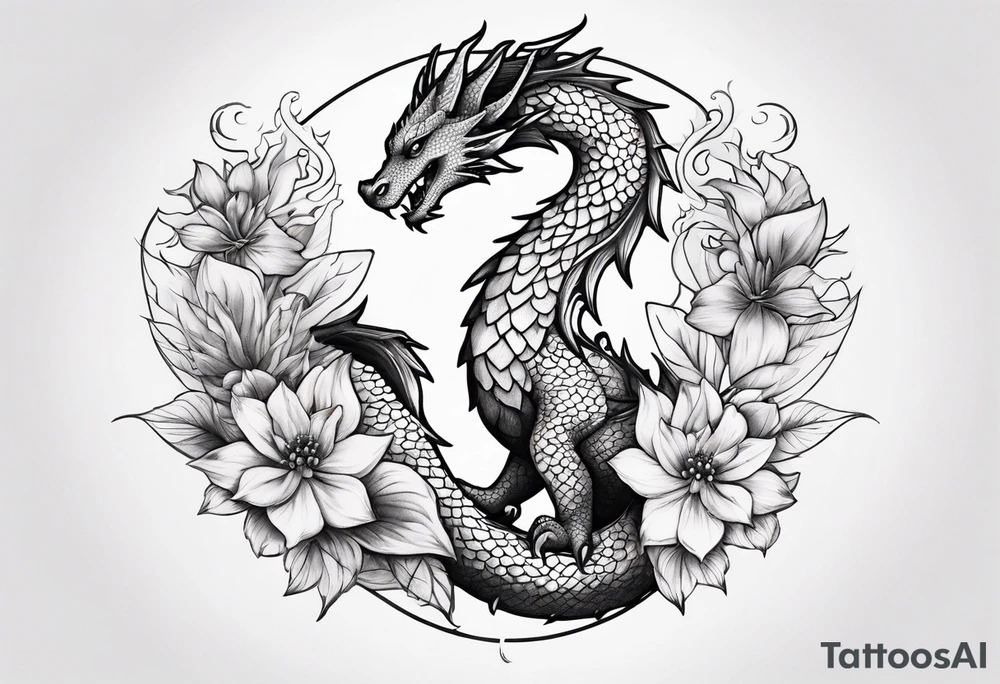 Small dragon with September birth flower on the spine tattoo idea