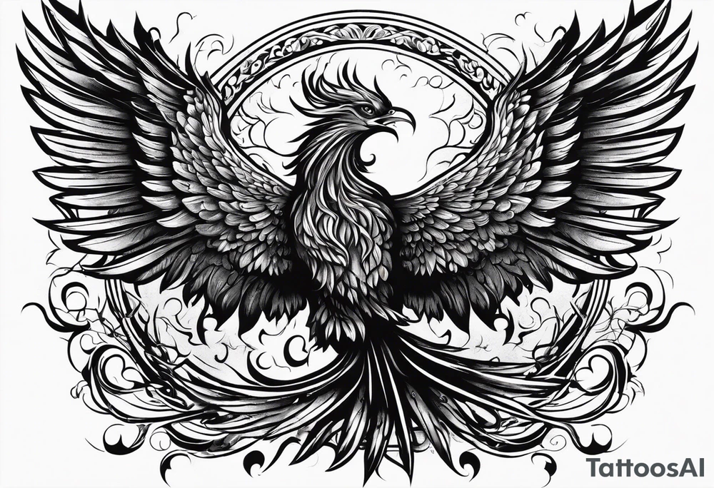 Phoenix rising out of flames slightly on fire with outstretched wings with the word indomabilis between them tattoo idea