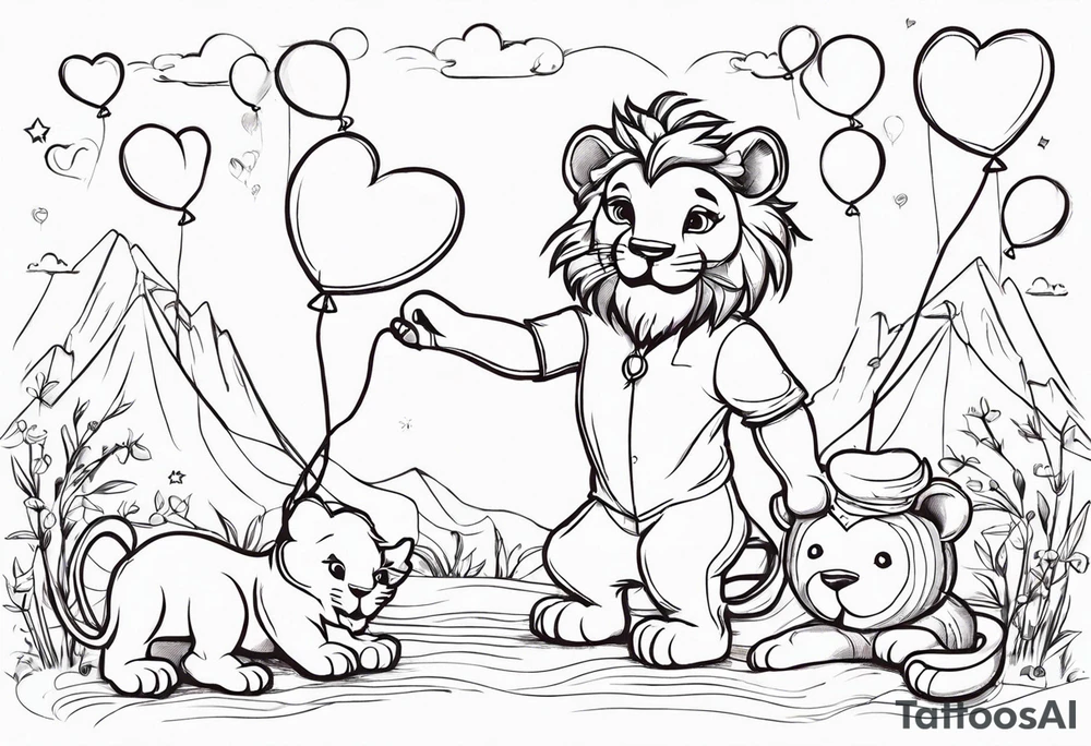 tatoo in sketch style only.
A little lion boy is holding a string to the hearth shaped small party baloon.
lion boy should be drawed from behind and has one hand reaching up in 45 degree angle and holding the baloon string
On the string is a wave which look like a hearbeat pulse.
draw it without any scenery, without any background. Just a boy 
Add heartbeat pulse on the string tattoo idea