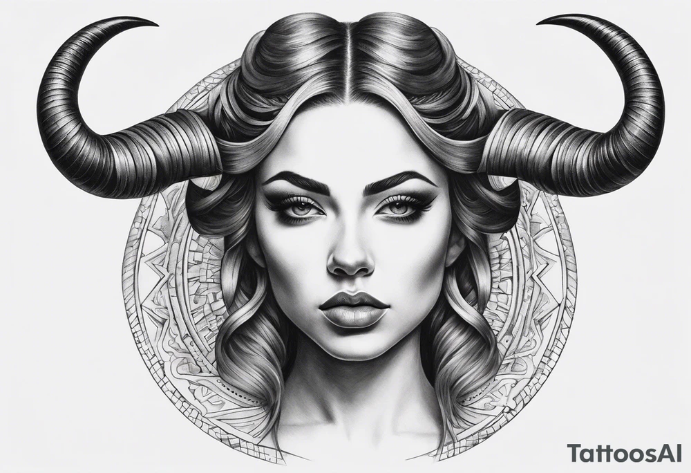 symmetrical woman head with curved horns facing downwards dark realism looking front facing view, ultra-detailed, high quality, high sharpness, hyper-realism, hyper-photorealistic, hyper-realistic tattoo idea