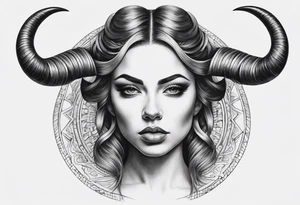 symmetrical woman head with curved horns facing downwards dark realism looking front facing view, ultra-detailed, high quality, high sharpness, hyper-realism, hyper-photorealistic, hyper-realistic tattoo idea