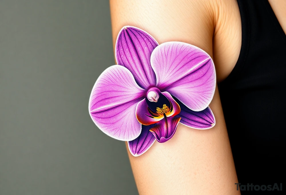A hyper-realistic purple Phalaenopsis orchid, with dewdrops glistening on the petals, symbolizing beauty and grace tattoo idea