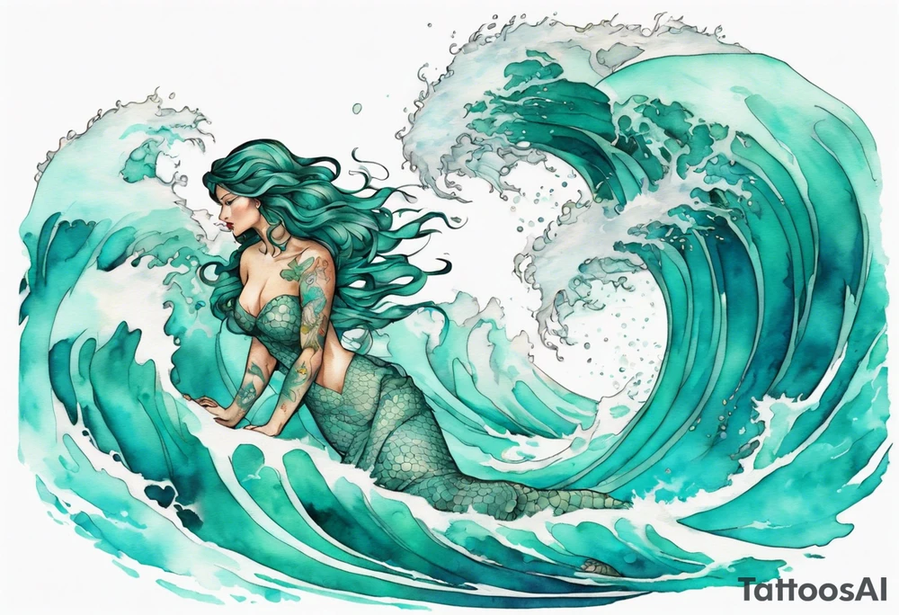 a beautiful turquoise lamia emerging from an ocean wave, crashing onto the shore tattoo idea
