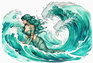 a beautiful turquoise lamia emerging from an ocean wave, crashing onto the shore tattoo idea