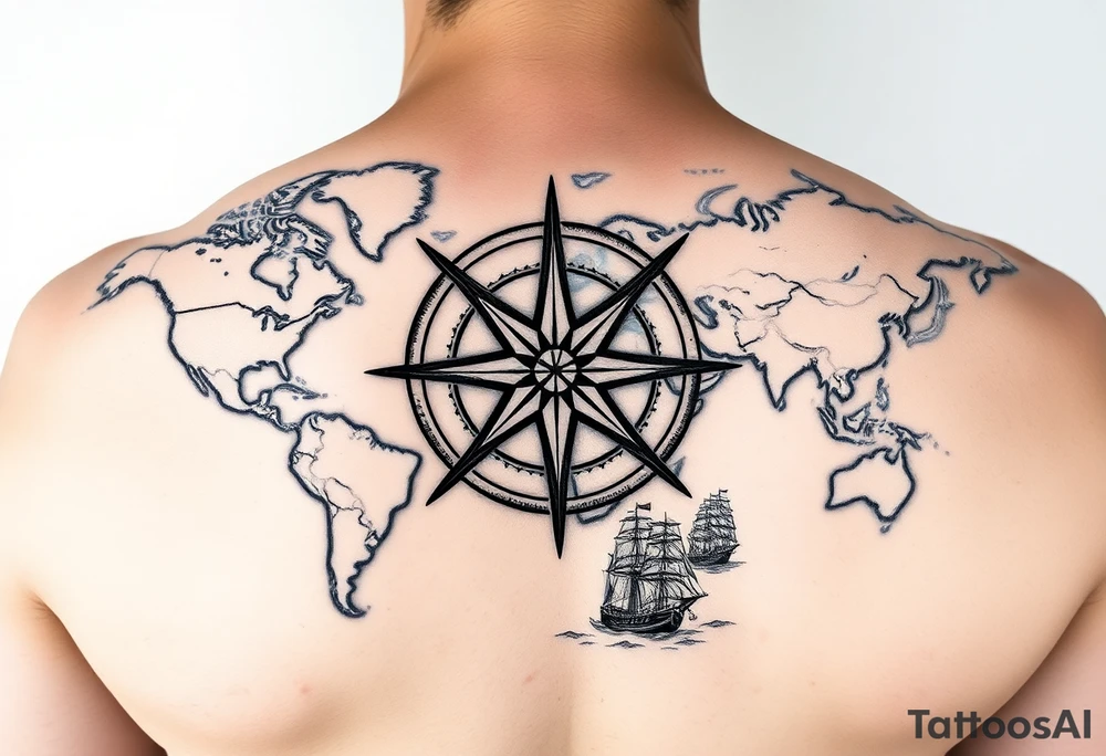 antique compass rose overlaid on weathered world map with sailing ships tattoo idea