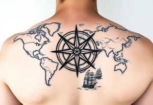 antique compass rose overlaid on weathered world map with sailing ships tattoo idea
