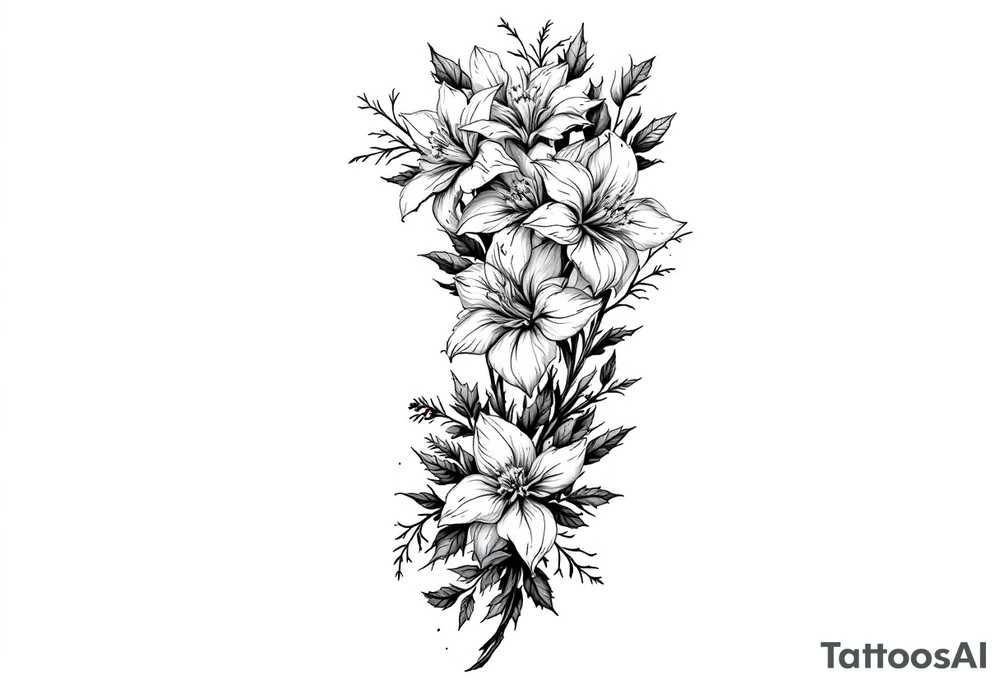narcissus flowers and holly with 2 bands with roman numerals around them tattoo idea