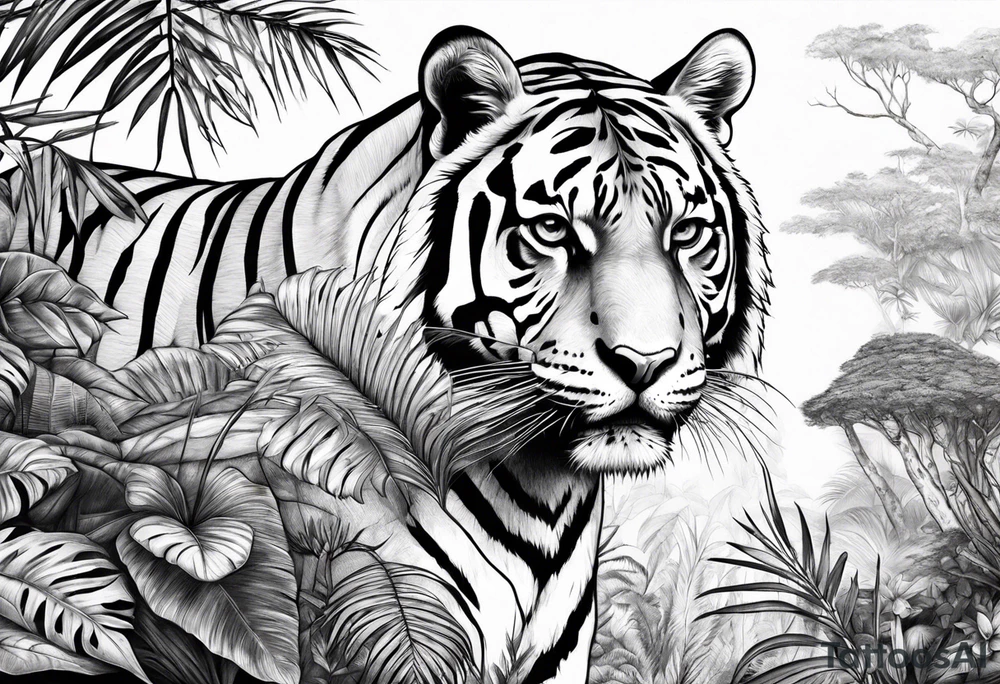 Calm strong tiger in the jungle, with jaguar in tree tattoo idea