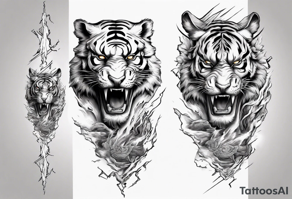 ancient Tiger with lightning and a sun for a forearm sleeve tattoo idea