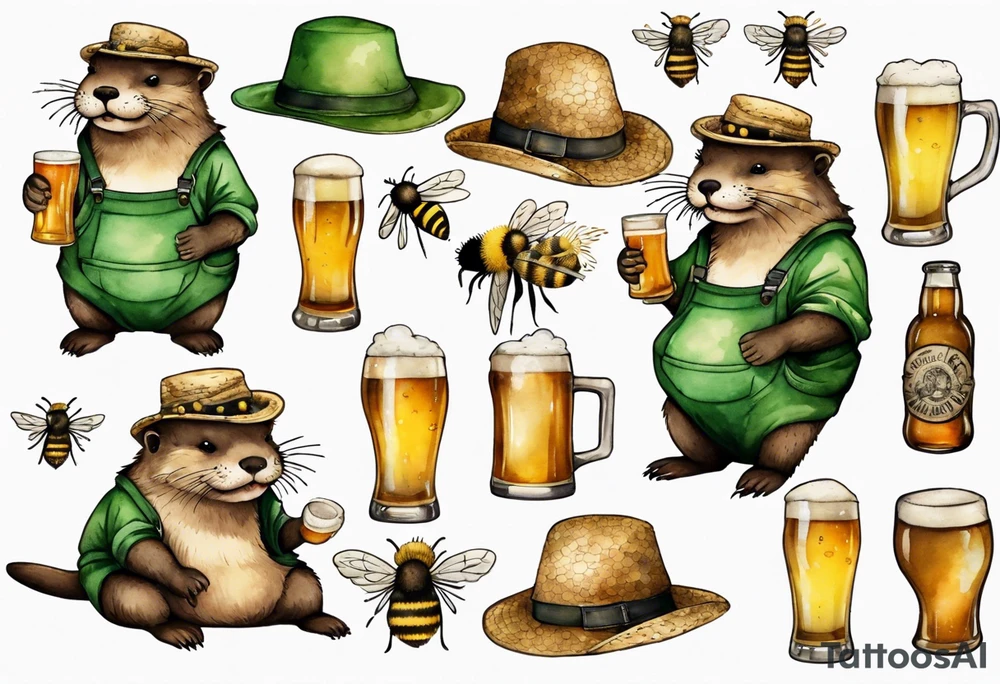 a fat otter wearing green overalls and a tattered straw hat covered in bees, drinking from a tankard of beer tattoo idea