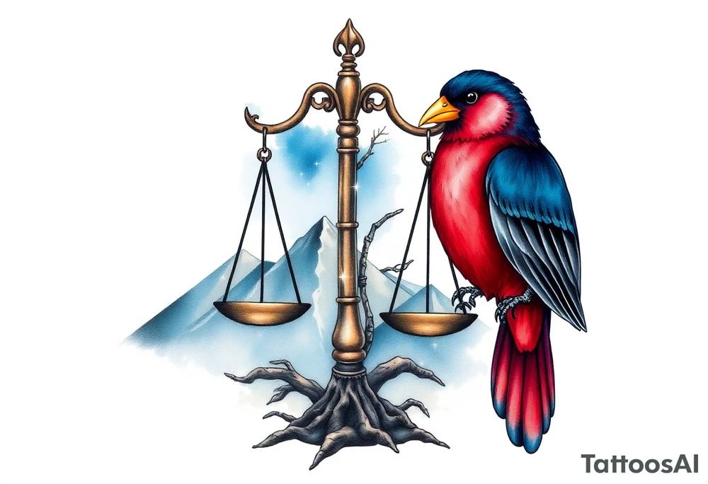 one of the birds red wearing a suit, other bird navy blue with glasses or holding a book, scales of justice built into a tree, starry night painting and mountain background tattoo idea