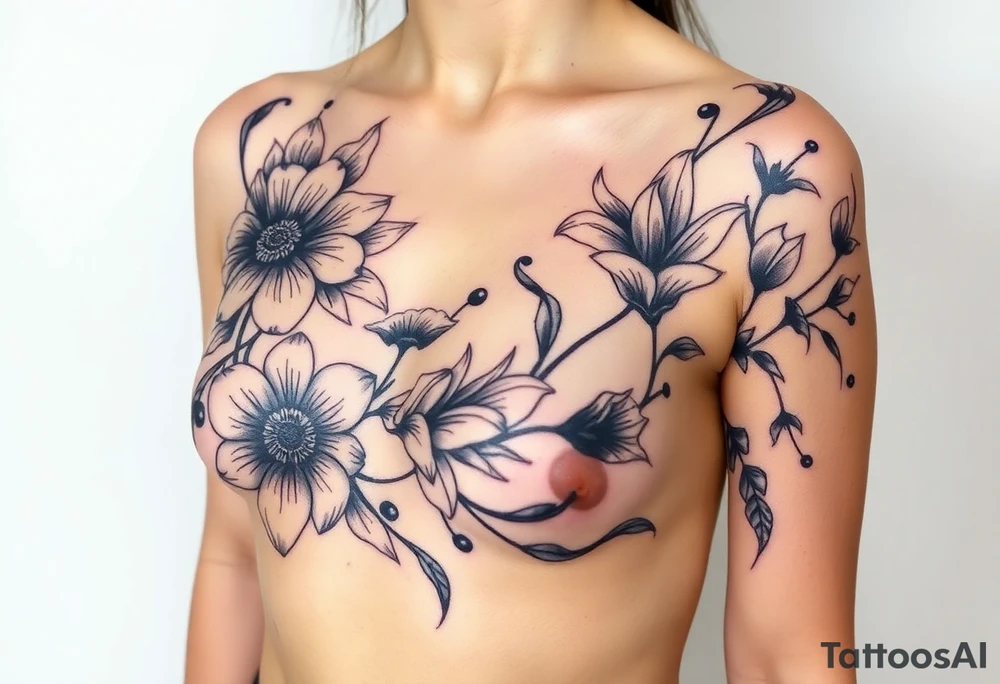 This tattoo is on a woman. It starts on her left side of the chest on the pectoral with a Glaiolus and Daisy together, then the tattoo rises over the left shoulder and down the arm and ends at the elbow. The tattoo will include a primroses, Calla Lilys, and Lillys. It will be light on color except in the petals and has light shading to make it pop. It will not wrap around the chest but rather bloom upwards from the pectoral and spill over the shoulder and down to the elbow. tattoo idea