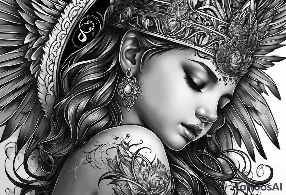 Birth date of my son, touch of god, angels, wife hands, full outside sleeve tattoo idea