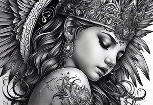 Birth date of my son, touch of god, angels, wife hands, full outside sleeve tattoo idea