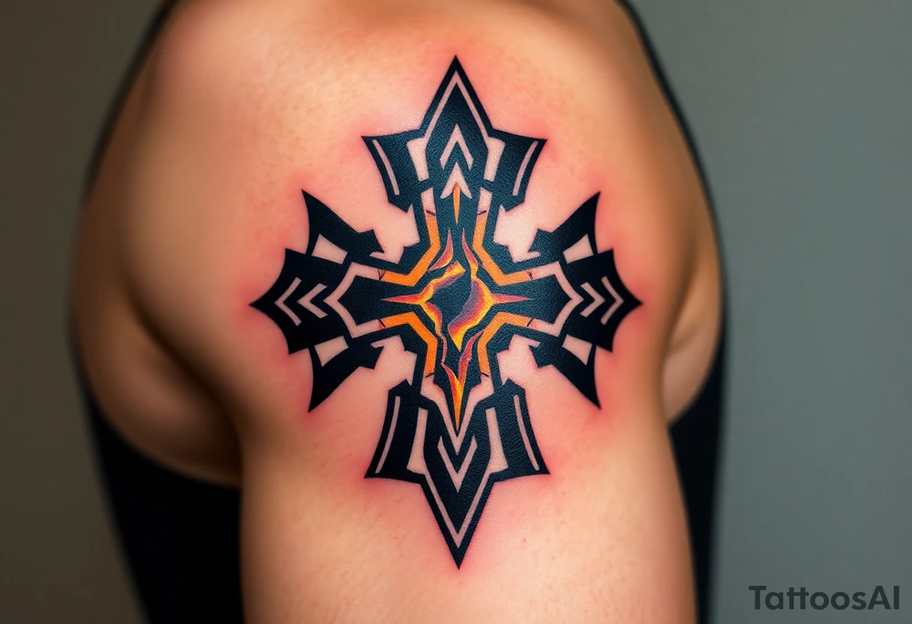 A cracked obsidian Maltese cross with lava glowing through the fractures, symbolizing power and transformation tattoo idea