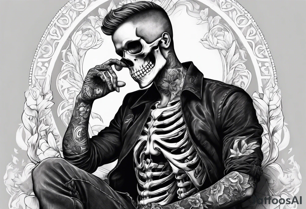 a full body skeleton sitting with his heart in his hand tattoo idea