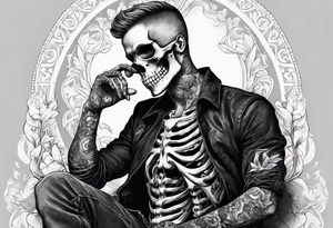 a full body skeleton sitting with his heart in his hand tattoo idea