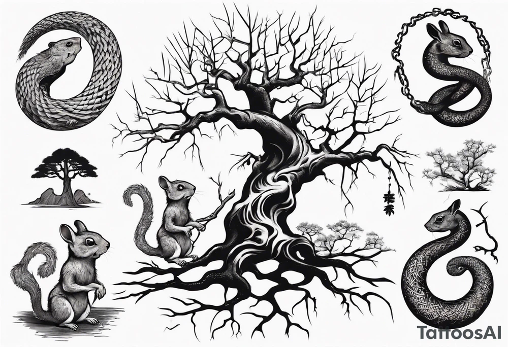 a bare tree with a small squirrel running up the side, a serpent weaving through the tree roots tattoo idea