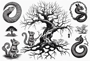 a bare tree with a small squirrel running up the side, a serpent weaving through the tree roots tattoo idea