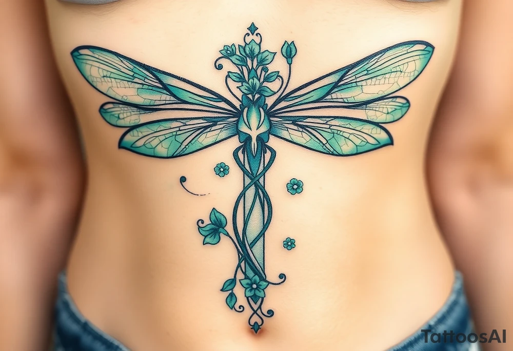 A cross made of twisting vines and flowers, with dragonfly-like wings in shades of teal and green tattoo idea