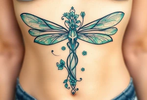 A cross made of twisting vines and flowers, with dragonfly-like wings in shades of teal and green tattoo idea