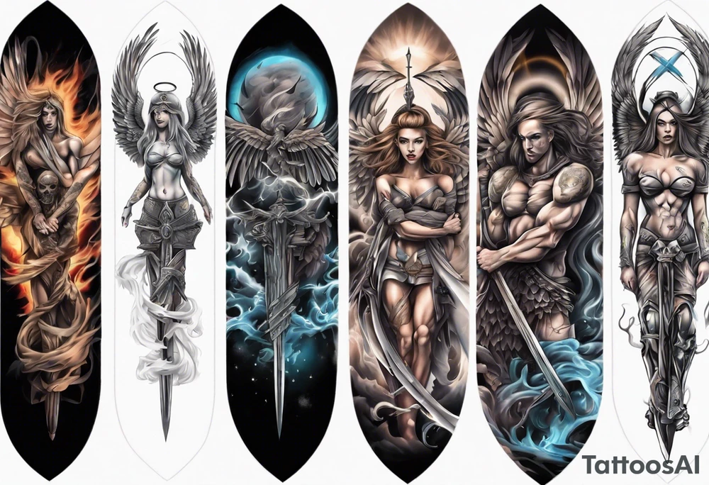 Full arm sleeves with warrior angels on it tattoo idea