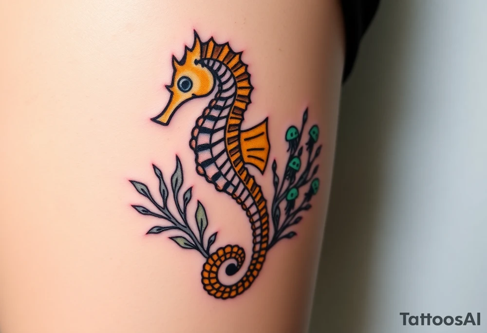 A golden seahorse wrapped in a delicate coral reef, with small glowing bioluminescent jellyfish floating nearby. tattoo idea