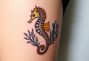 A golden seahorse wrapped in a delicate coral reef, with small glowing bioluminescent jellyfish floating nearby. tattoo idea