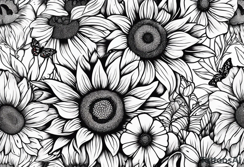 Arm sleeve with sunflowers and butterflies tattoo idea