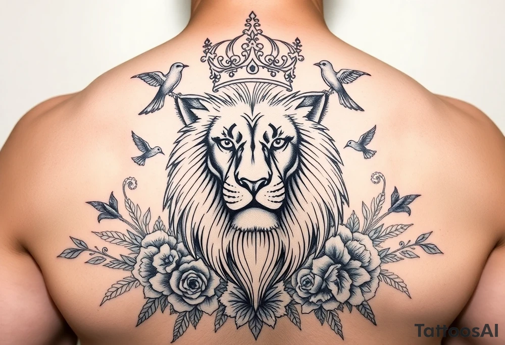 powerful majestic lion with a crown, surrounded by floral ornaments and birds tattoo idea