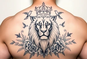 powerful majestic lion with a crown, surrounded by floral ornaments and birds tattoo idea