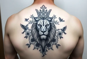 powerful majestic lion with a crown, surrounded by floral ornaments and birds tattoo idea