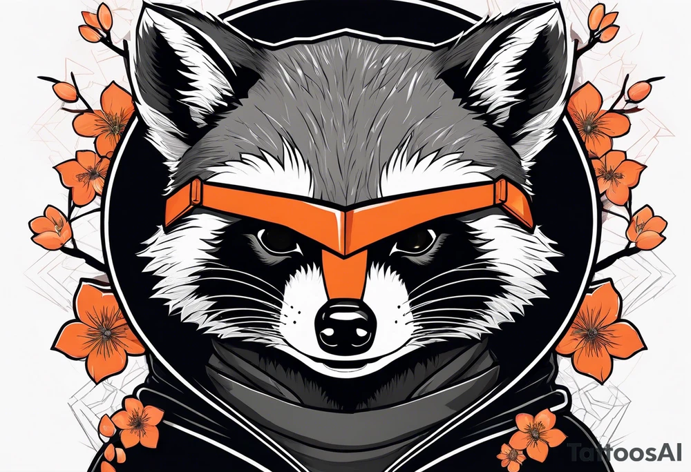 Raccoon wearing a white Superman logo on a black hoodie and orange Japanese cherry blossoms tattoo idea