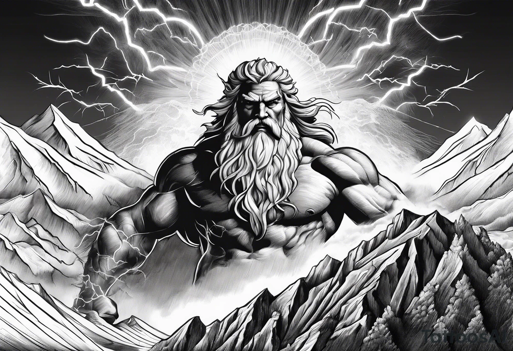 Zeus showing dominance behind a mountain with lightning behind him tattoo idea
