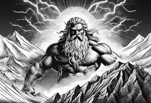Zeus showing dominance behind a mountain with lightning behind him tattoo idea