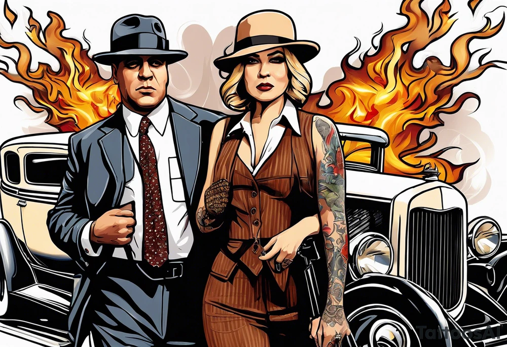gangsters bonnie & clyde with Al Capone and machine gunns with smoke and fire tattoo idea