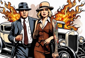 gangsters bonnie & clyde with Al Capone and machine gunns with smoke and fire tattoo idea