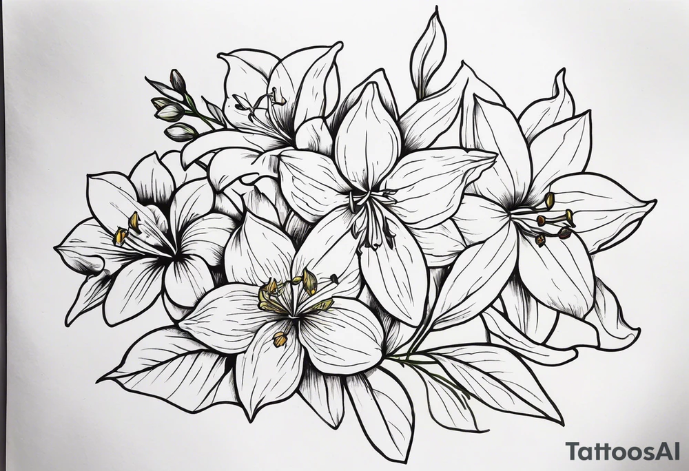 generate tattoo ideas for my forearm with the following flowers: Violet and iris, Daffodil and jonquil, Lily and hawthorn, Holly and narcissus tattoo idea