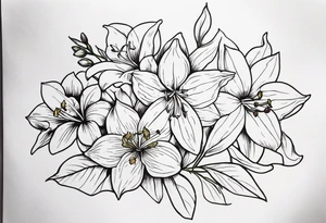 generate tattoo ideas for my forearm with the following flowers: Violet and iris, Daffodil and jonquil, Lily and hawthorn, Holly and narcissus tattoo idea